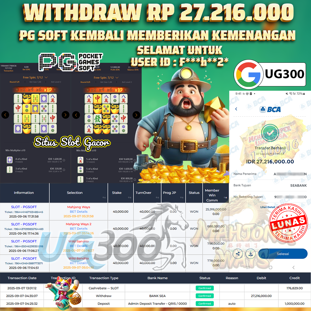 UG300 BERMAIN DI MAHJONG WAYS JACKPOT  Rp.27,216,000- DI BAYAR TUNTAS